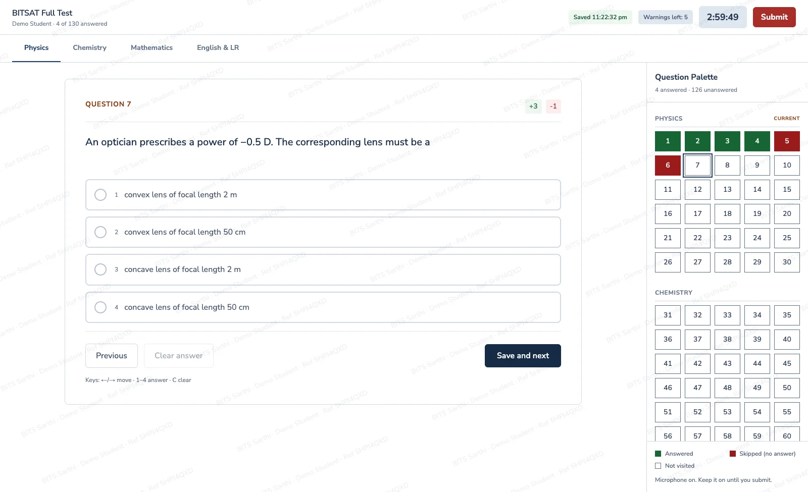The BITS Sarthi exam screen: section tabs, a physics question with four options, the save status, warnings left and the running timer, the colour-coded question palette and the name watermark